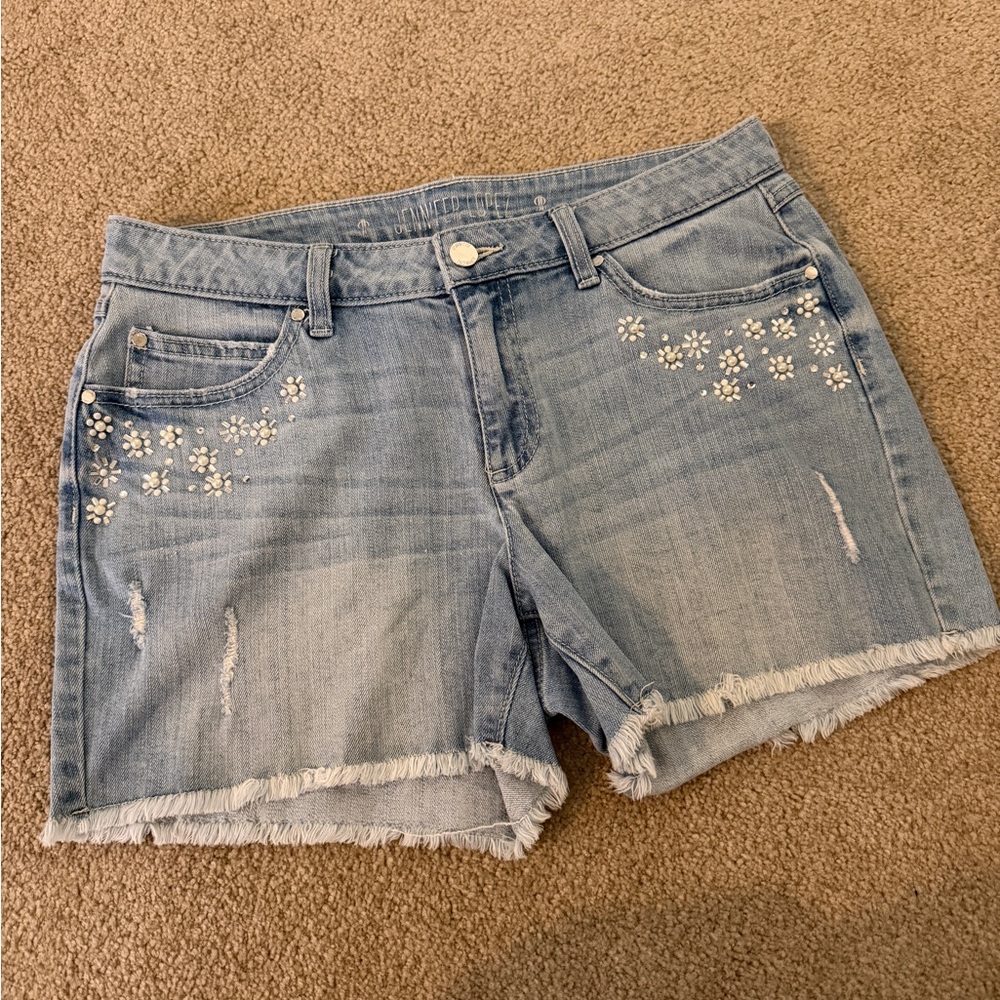 Jennifer Lopez Light Blue Denim Shorts with Pearl Flower Embellishments